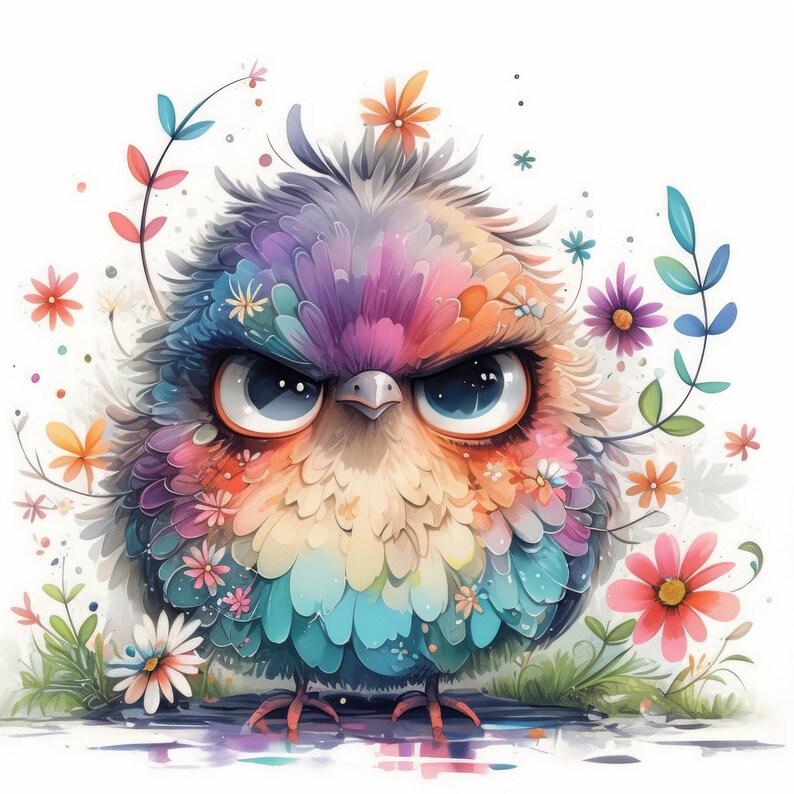 Grumpy Flower Grumpy Birds With Flower Clipart 11 High Res Watercolor Jpgs Junk ...