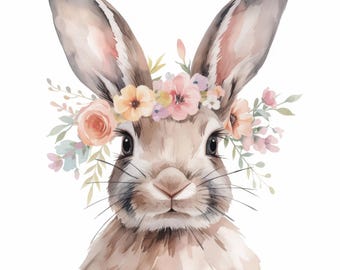 May include: Watercolor illustration of a bunny with a floral crown. The bunny has brown fur, long ears, and a sweet expression. The crown features pink, peach, and yellow flowers with green leaves. The background is white.