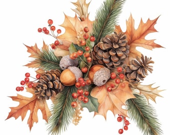 Op de afbeelding: Waterverfillustratie van een herfstarrangement met bruine dennenappels, eikels, oranje en bruine bladeren, groene dennennaalden en rode bessen. De compositie staat tegen een witte achtergrond en roept een gevoel van herfst en oogst op.