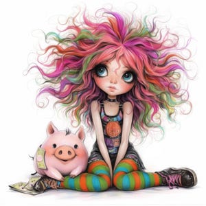 May include: A colorful illustration of a girl with long, pink, green, and blue hair sitting with a pink piggy bank. She is wearing a black and white striped dress, black leggings, and orange and green striped stockings. She has large blue eyes and is wearing a black choker necklace.