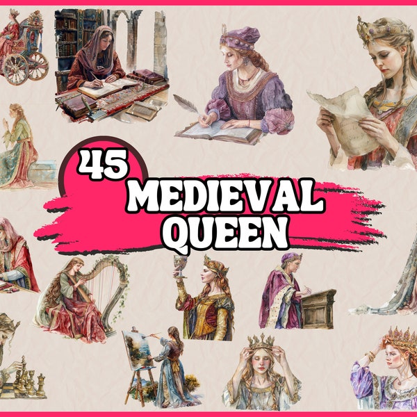 Watercolor Medieval Queen Clipart Bundle, Fantasy Middle Age Clip Art Set with Dress, Throne, Crown, Horse PNG Graphic, Digital Illustration