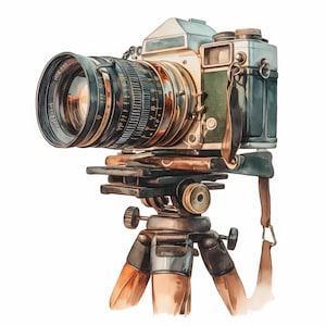 May include: Watercolor illustration of a vintage camera with a large lens, mounted on a tripod. The camera body is silver and green with a brown leather strap. The lens is black and gold, and the tripod is brown and black.