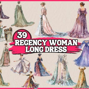 39 PNG Acquerello Regency Woman Clipart, Regency Era Lady con abito lungo, Illustrazione di abiti storici, Download facile per uso commerciale