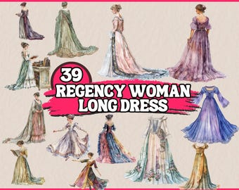 39 PNG Watercolor Regency Woman Clipart, Regency Era Lady with Long Dress, Historical Clothes Illustration, Easy Download for Commercial Use