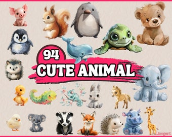Watercolor Cute Baby Animal Clipart Bundle, Nursery Decor Clip Art Set, Baby Shower PNG Graphics,  Digital Illustrations, Cozy Pastel Tones