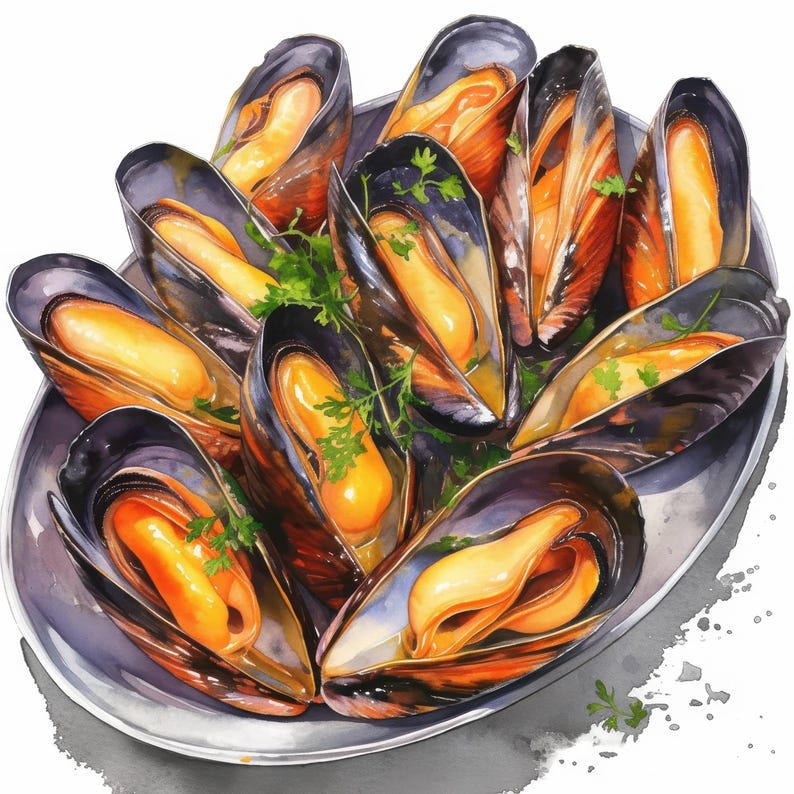 16 Mussels Garlic Herb Clipart Bundle, Delicious Seafood Illustration ...