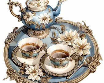 12 Floral Tea Set Clipart Bundle, Elegant Tableware Illustration, Printable Watercolor Clipart, High Quality JPG, Paper Craft, Junk Journals