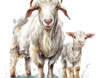 12 Adorable Goat Clipart Bundle, Cute Farm Animal Illustration, Printable Watercolor Clipart, High Quality JPG, Paper Craft, Junk Journals