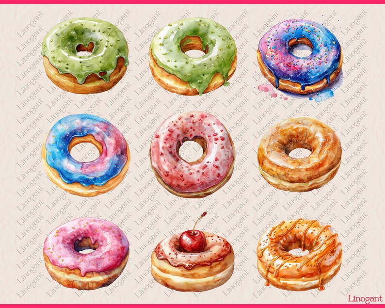 Watercolor Donut Clipart Bundle, Donuts Clip Art Set, Dessert PNG ...