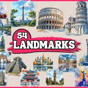 Aquarell Sehenswürdigkeiten Clipart Bundle, beliebte Sehenswürdigkeiten Clip Art Set, berühmte Denkmäler, PNG Grafiken, Sehenswürdigkeiten Illustrationen, kommerzielle Nutzung