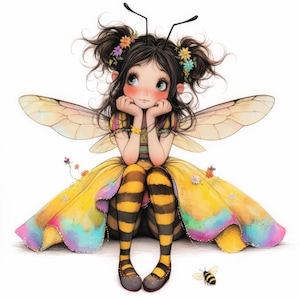 Quirky Bumblebee Girl Clip Art 10 High Res Watercolor JPGs Junk Journaling, Scrapbooking, Card Making, Digital Download, Fantasy, Whimsical