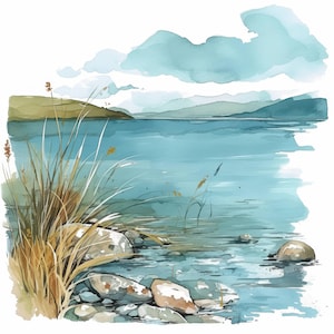 10 Teal Lake Edge Clipart Bundle, Peaceful Lakeshore Illustration, Printable Watercolor Clipart, High Quality JPG, Paper Craft, Journals