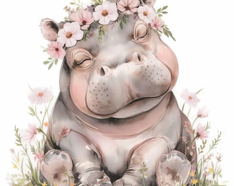 12 Floral Hippo Clipart Bundle, Watercolor Hippo with Flowers, Printable Watercolor Clipart, High Quality JPG, Paper Craft, Junk Journals