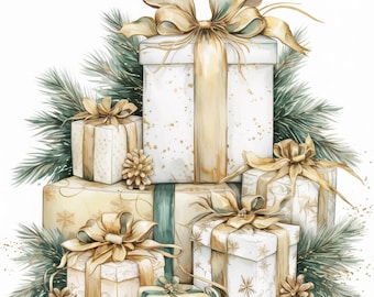 Op de afbeelding: Een stapel ingepakte cadeau dozen in verschillende maten, versierd met gouden linten en strikken. De witte dozen hebben gouden accenten en liggen tussen groene dennentakken en dennenappels, wat een feestelijke vakantiescène creëert.
