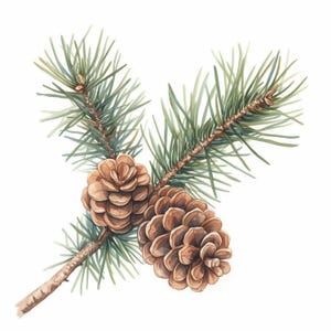 May include: Watercolor illustration of a pine branch with two brown pine cones and green needles. The branch is a light brown color, and the pine cones have a detailed, textured appearance. The background is white.