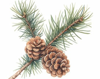 May include: Watercolor illustration of a pine branch with two brown pine cones and green needles. The branch is a light brown color, and the pine cones have a detailed, textured appearance. The background is white.