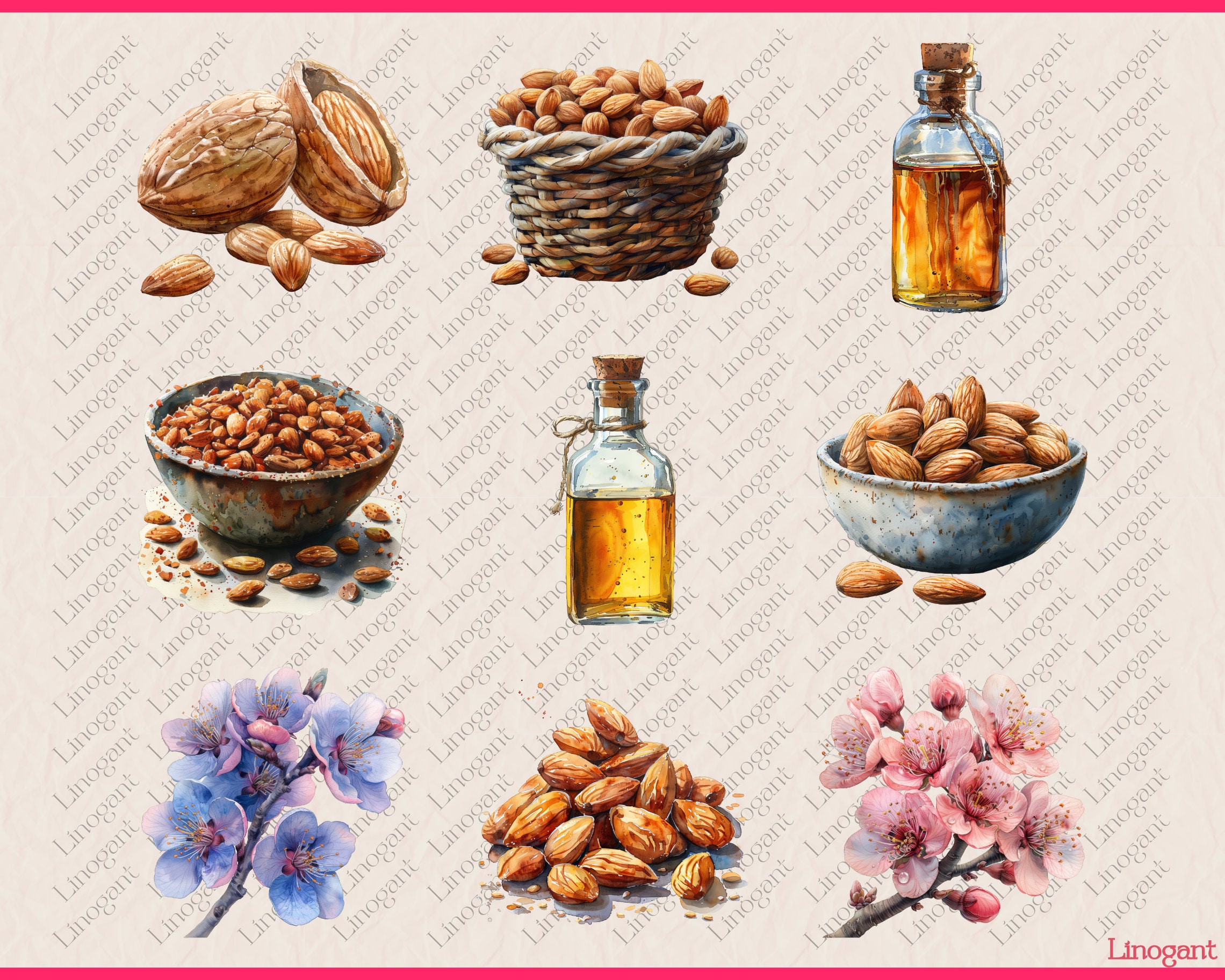 66 PNG Almond Clipart Bundle, Nuts Clip Art Set, Box, Sack, Bowl of ...