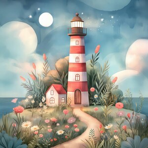 Moonlit Coastal Lighthouse Clip Art 10 High Res Watercolor Jpgs Junk ...