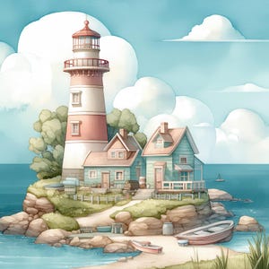 Vintage Seaside Lighthouse Clip Art 10 High Res Watercolor JPGs Junk Journals, Scrapbook, Card Making, Digital Download, Fantasy, Whimsical