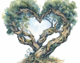May include: Watercolor painting of a tree shaped like a heart. The tree has a thick, textured trunk and branches with green leaves. The heart-shaped opening reveals a blue sky with clouds. The artwork is on a white background.