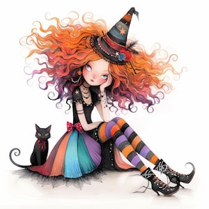Quirky Blessed Witch Art 12 High Res Watercolor JPGs For Junk Journals, Scrapbooking, Card Making, Digital Download kit, Fantasy, Whimsical