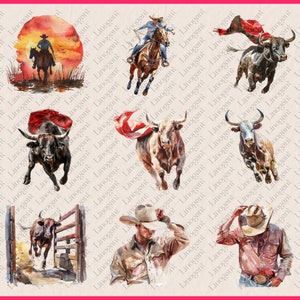 May include: A watercolor illustration set featuring a bullfighter, a bull, and a horse. The set includes images of a bullfighter on horseback, a bull charging, and a bullfighter with a red cape. The illustrations are in a vibrant style with a watercolor effect.