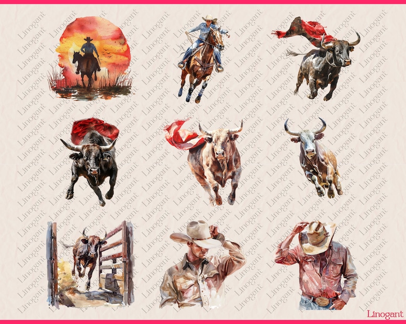 May include: A watercolor illustration set featuring a bullfighter, a bull, and a horse. The set includes images of a bullfighter on horseback, a bull charging, and a bullfighter with a red cape. The illustrations are in a vibrant style with a watercolor effect.