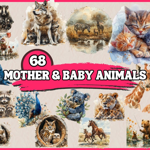 Watercolor Cute Mother And Baby Animals Clipart Bundle, Mom And Baby Animal Clipart Set, Mothers Day Clipart, Nursery Clipart Graphics PNG