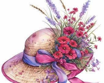 25 Floral Hat Clipart Bundle, Elegant Women’s Fashion Illustration, Printable Watercolor Clipart, High Quality JPG, Paper Craft, Journals