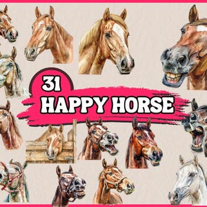31 PNG Happy Horse Clipart | Smiling Horse Clipart, Cute Horse Face with Warm Expression, Illustration | Commercial Use, Instant Download