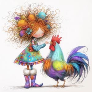 Quirky Girl With Chicken Clip Art 11 High Res Watercolor JPGs Junk Journals, Scrapbooking, Card Making, Digital Download, Fantasy, Whimsical