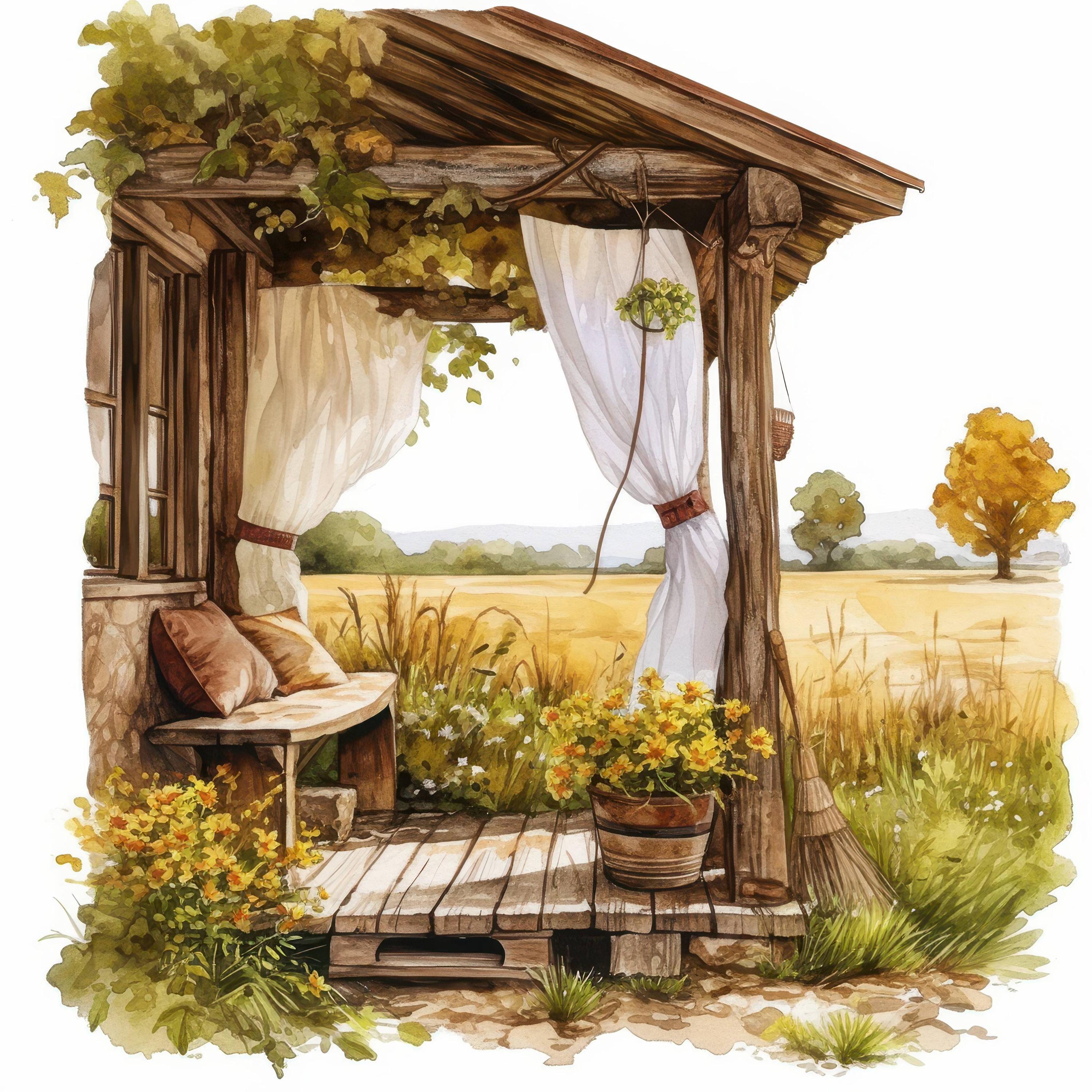 Veranda Draw 13 Country Veranda Clipart Bundle, Scenic Meadow Porch Illustration ...