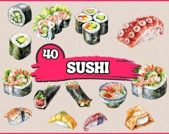 40 PNG Sushi Clipart, Clipart de fruits de mer japonais aquarelle, délicieux rouleau de sushi, graphiques de menu de nourriture, téléchargement immédiat pour un usage commercial