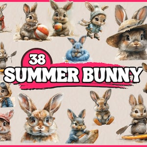 Watercolor Summer Bunny Clipart Bundle, Bunny Clip Art Set, Baby Rabbit PNG Graphics, Cute Animal Digital Illustration, Commercial Use