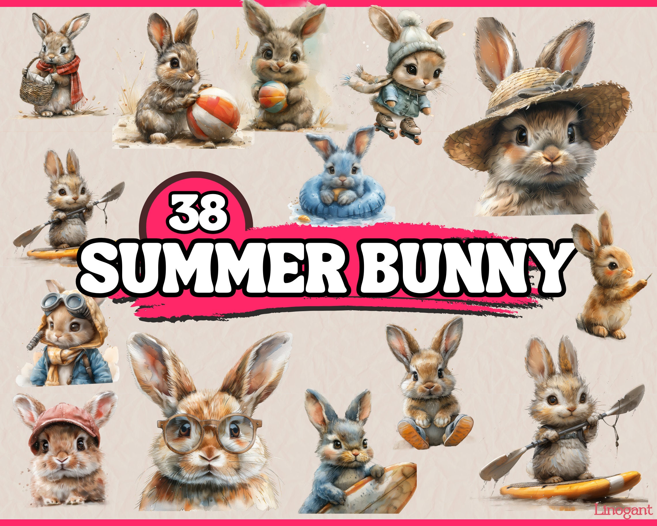 Watercolor Summer Bunny Clipart Bundle, Bunny Clip Art Set, Baby Rabbit