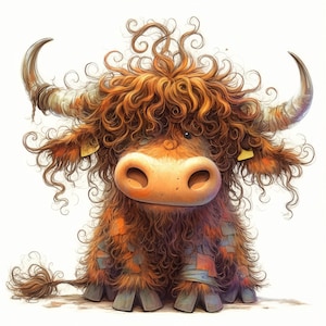 Quirky Highland Cow Clipart 11 High Res Watercolor JPGs for Junk Journals, Scrapbooking, Card Making, Digital Download, Fantasy, Whimsical