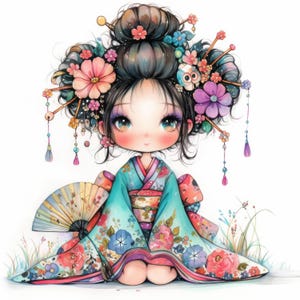 Quirky Asian Girl Clip Art 11 High Res Watercolor JPGs for Junk Journals, Scrapbooking, Card Making, Digital Download, Fantasy, Whimsical