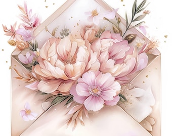 15 Floral Envelope Clipart Bundle, Romantic Stationery Illustration, Printable Watercolor Clipart, High Quality JPG, Paper Craft, Journals