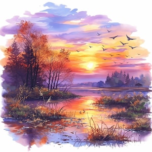 Puede incluir: Pintura a la acuarela de una puesta de sol sobre un lago. El cielo transita del morado al naranja y amarillo, con árboles silueteados y aves volando. El agua refleja los colores vibrantes del cielo y el sol poniente.