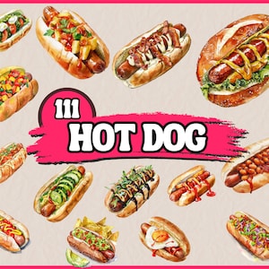 Paquete de imágenes prediseñadas de perritos calientes en acuarela, conjunto de imágenes prediseñadas de comida rápida, panadería, imágenes prediseñadas de perritos calientes deliciosos, PNG, manualidades de papel, álbumes de recortes, diario basura