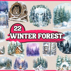 22 png-winterbos met sneeuw en bomen clipart | Clipart besneeuwd bos, aquarel clipart, illustraties | Directe download, commercieel