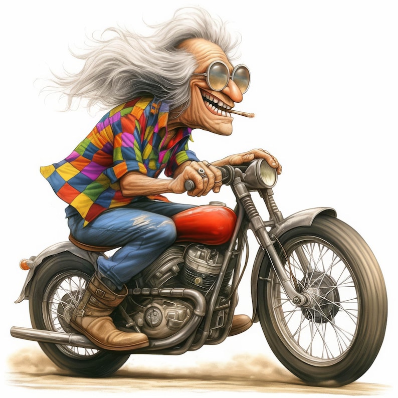 Puede incluir: Una ilustraci&oacute;n de dibujos animados de una persona con cabello blanco largo y una camisa a cuadros de colores montando una motocicleta vintage. La motocicleta tiene un tanque de gasolina rojo y un tubo de escape cromado.