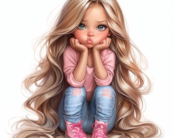 Paquete de 11 imágenes prediseñadas de chicas divertidas, ilustraciones de personajes divertidos, imágenes prediseñadas de acuarela imprimibles, JPG de alta calidad, manualidades de papel, revistas basura