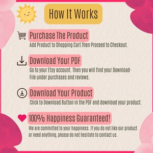 May include: A pink and yellow graphic with a sun, shopping cart, and download icons. The text reads "How It Works", "Purchase The Product", "Add Product to Shopping Cart Then Proceed to Checkout", "Download Your PDF", "Go to your Etsy account. Then you will find your Download-File under purchases and reviews", "Download Your Product", "Click to Download Button in the PDF and download your product", "100% Happiness Guaranteed!", "We are committed to your happiness. If you do not like our product or need anything, please do not hesitate to contact us."