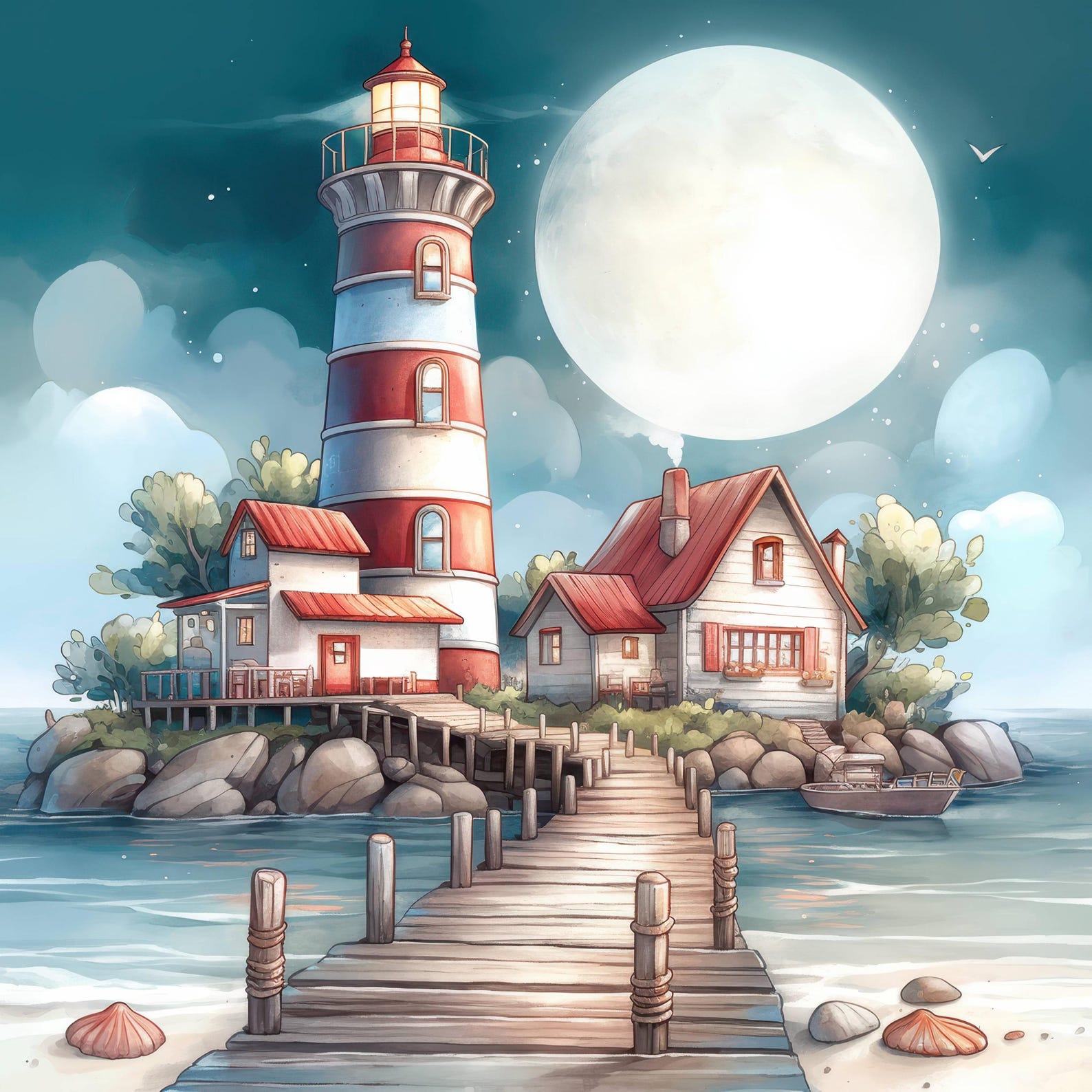 Moonlit Coastal Lighthouse Clip Art 10 High Res Watercolor Jpgs Junk ...