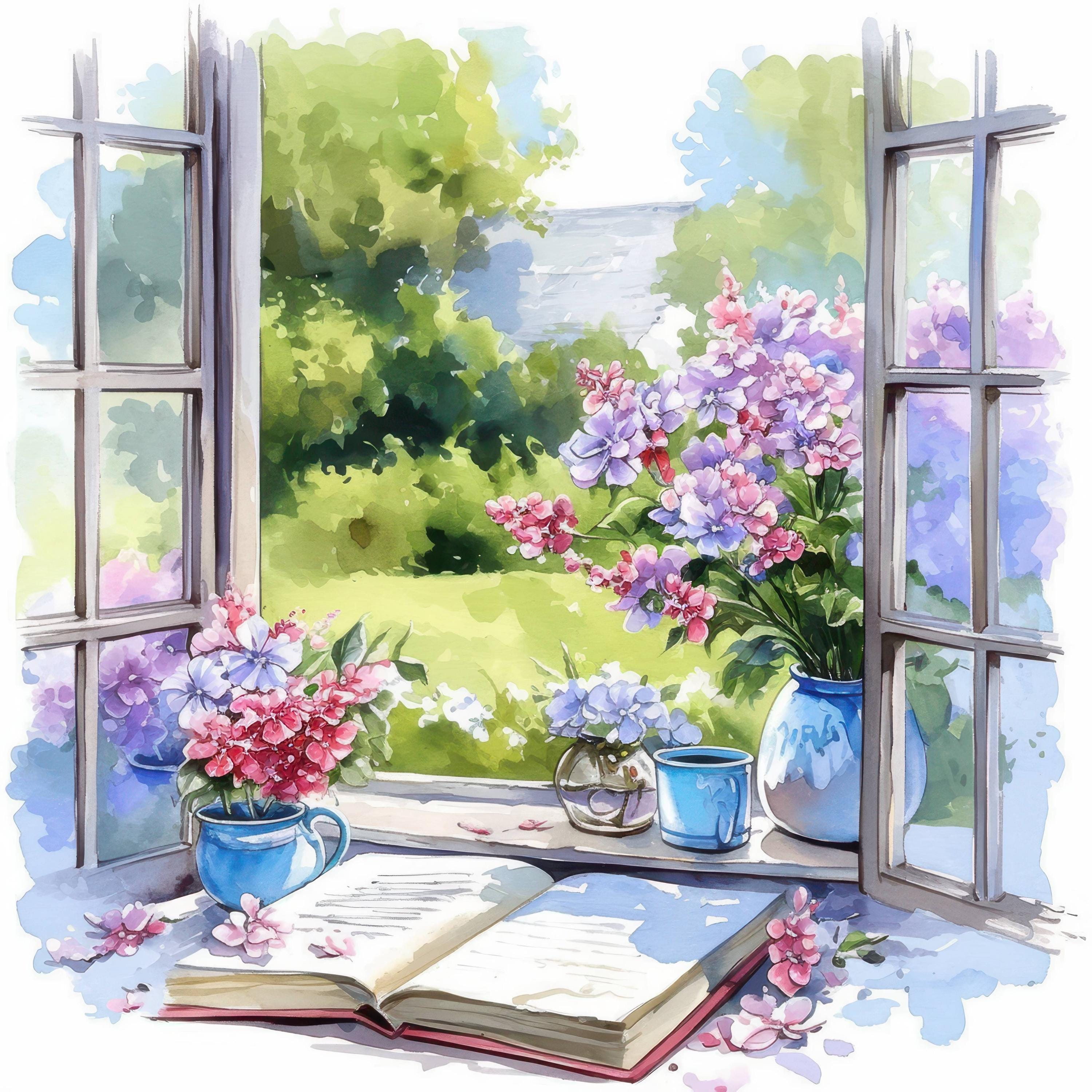 Printable Window Spring Scene 16 Spring Window Clipart Bundle, Watercolor Nature View Illustration ...