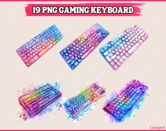 May include: 19 PNG Gaming Keyboard. A set of 19 digital illustrations of colorful gaming keyboards with a watercolor effect. The keyboards are in various colors, including pink, blue, purple, and green.