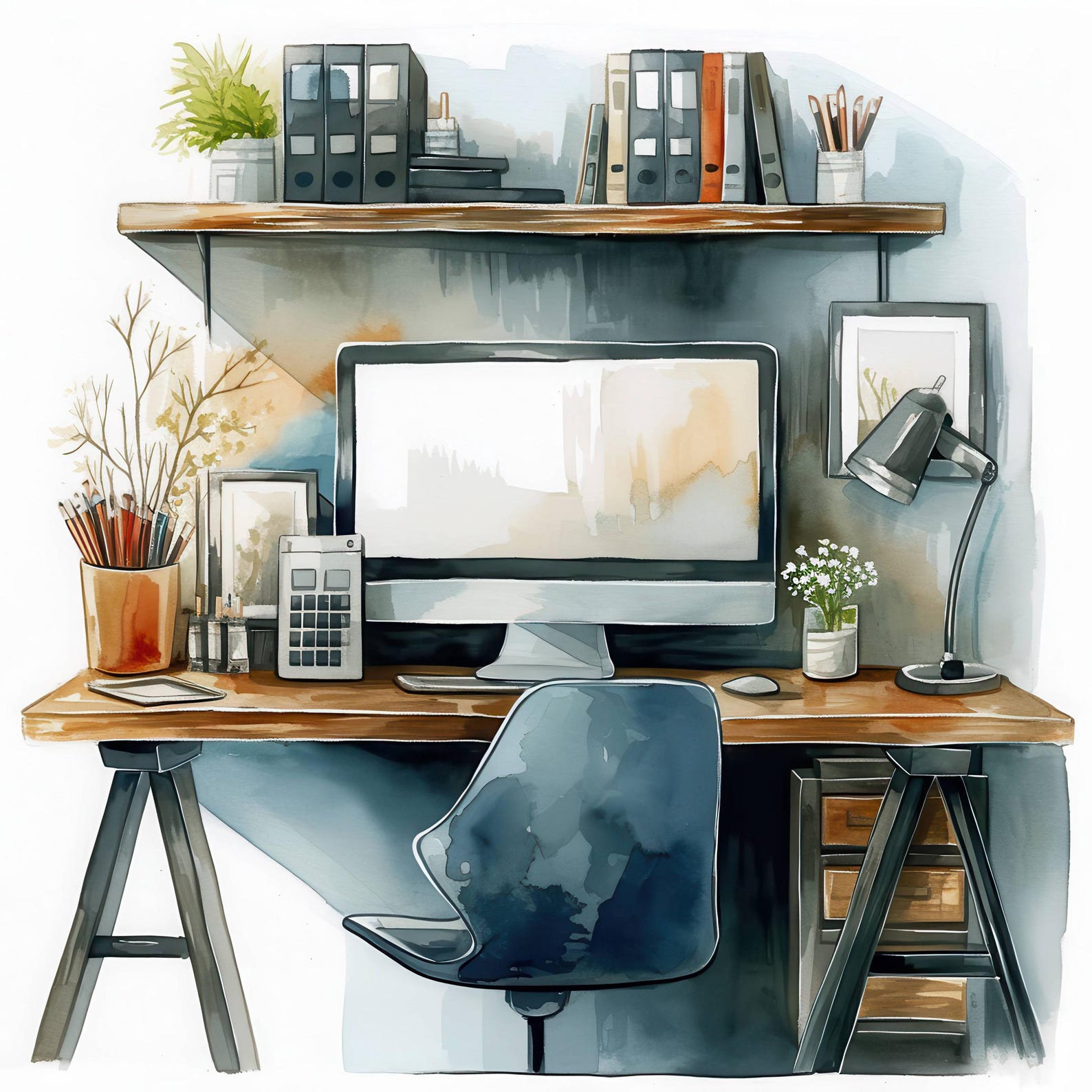 13 Office Work Clipart Bundle, Computer Desk Scene Illustration ...
