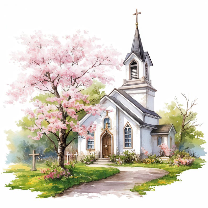 14 Spring Church Clipart Bundle, Floral Church Decor Illustration ...
