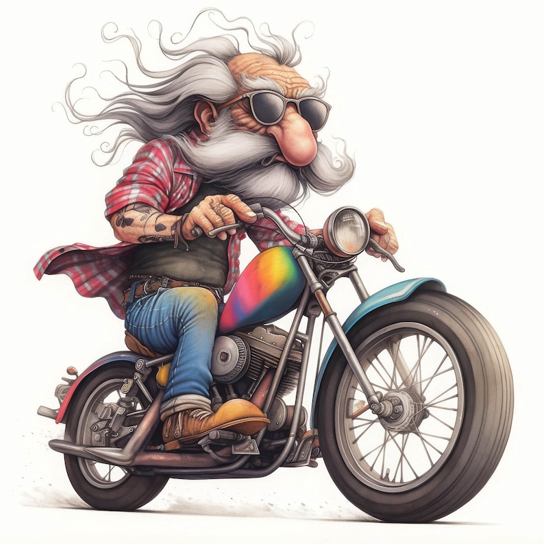 Puede incluir: Una ilustraci&oacute;n de dibujos animados de un hombre de pelo largo y barba, con gafas de sol y una camisa a cuadros, montando una motocicleta de colores arco&iacute;ris.